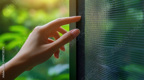 Hand touching window screen, blurred garden background. Possible use Stock photo for home improvement, DIY projects, security, or insect protection
