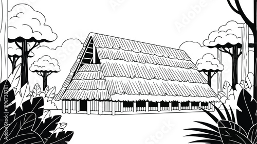 Black and white illustration of a traditional house with a thatched roof surrounded by trees and foliage in a natural setting.
