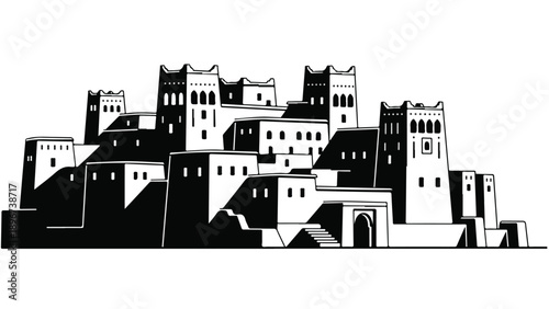 Monochromatic illustration of a densely packed cityscape with numerous buildings and towers on a hillside against a white background.