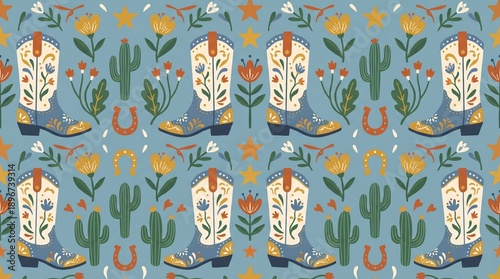 Cowboy boots cacti flowers horseshoes stars seamless pattern western style for fabric textile wallpaper wrapping paper background