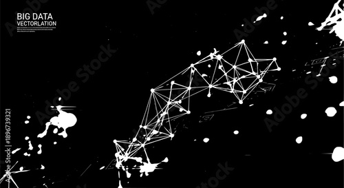 Complex Network Visualization of Interconnected Data Points and Abstract Shapes in a Digital Landscape from a High Angle Perspective