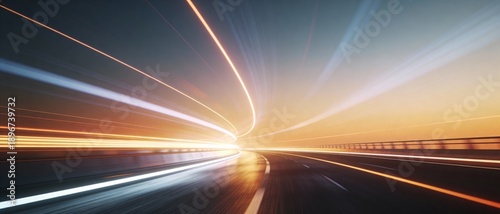 Speeding down the highway at dusk with light trails creating a sense of motion
