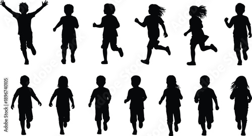 Collection of black children silhouettes showing boys and girls running, jumping, and playing in different poses isolated on white background for education, fitness, and design use