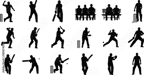 Collection of black cricket player silhouettes showing batting, bowling, fielding, and team bench poses isolated on white background for sports design and stock illustration use