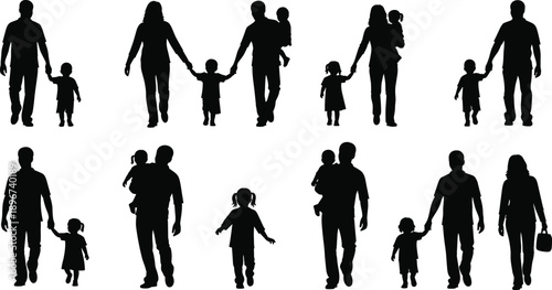 Collection of Happy Family Silhouettes Walking with Children, Parents Holding Hands and Carrying Kids, Loving Parenthood Lifestyle, Togetherness Concept, Isolated on White Background