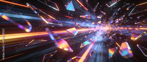 Abstract explosion of shattered glass fragments with colorful light streaks in motion