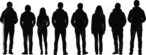 Group of diverse human silhouettes standing in a row isolated on white background, symbolizing teamwork, unity, anonymity, society, and modern lifestyle concepts for design projects