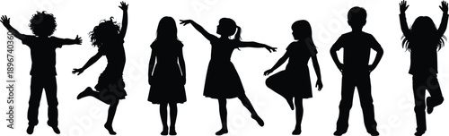 Group of happy children silhouettes jumping, dancing, and standing in playful poses, black and white illustration representing joy, freedom, friendship, childhood energy