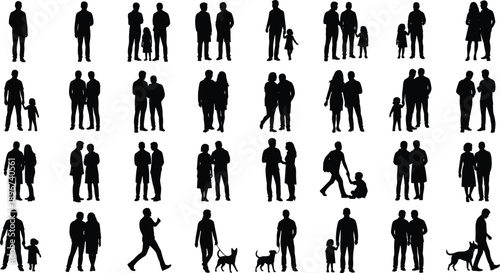 Large set of family, couple, and people silhouettes showing parents, children, relationships, walking, talking, and daily life activities