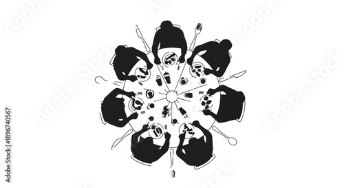 Diverse group of people gathered around a round table, sharing a meal and conversation