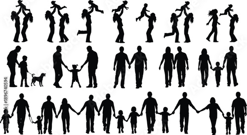 Large set of happy family silhouettes showing parents and children walking, playing, lifting kids, holding hands, and enjoying time together, isolated on white background for design use