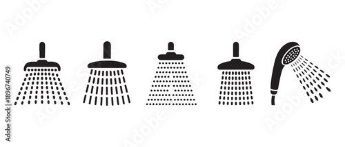 Shower Head and Handheld Shower Icons with Water Spraying, Essential Bathroom Hygiene Graphic Set.