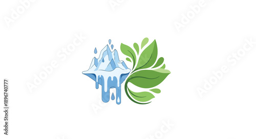 Logo design featuring a stylized ice cube with dripping water and green leaves on a white background.
