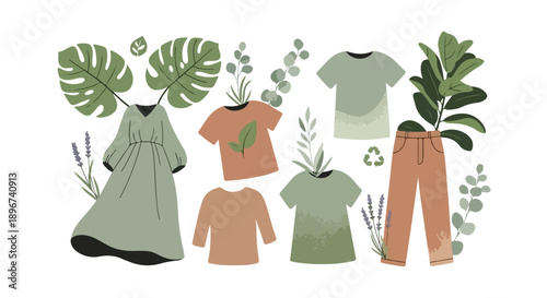 Illustration of eco-friendly clothing and plants on a clean white background, symbolizing sustainable fashion.