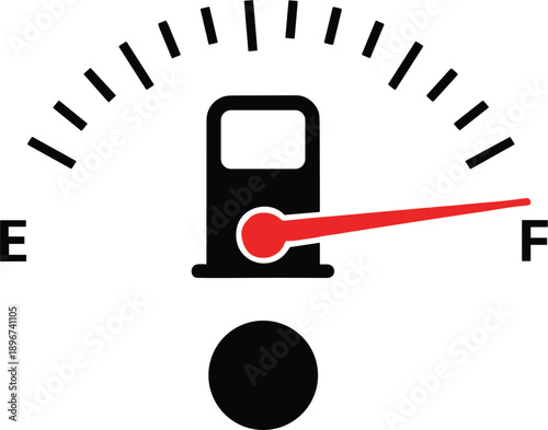 Fuel Gauge Indicator Icon Showing Full Gas Tank Level with Red Needle for Vehicle Dashboard, Automotive Interface, Energy Status, and Transportation Design