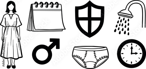 Line art icon set close up showing woman in dress, calendar pages, shield symbol, shower head, underwear, male sign, clock illustration