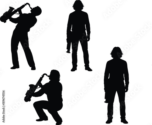 Set of Saxophone Player Silhouettes Performing in Different Standing and Squatting Poses, Jazz and Blues Musician Performance, Live Concert and Artistic Expression Concept