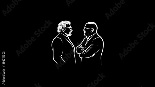 White line art illustration of two professional men in suits conversing on a black background, business meeting concept.