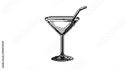 Retro pixel art cocktail glass with straw. Stylized 8-bit black and white illustration of a beverage drink icon on white background.