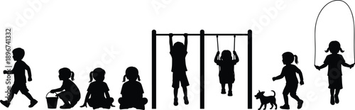 Silhouette of Children Playing in Playground with Swing, Monkey Bars, Jump Rope, and Walking Dog, Happy Childhood Activity Concept, Isolated on White Background