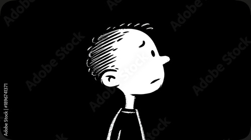 Black and white cartoon illustration of a pensive young boy, looking reflective or worried against a dark background.