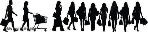 Silhouette of shoppers walking with shopping bags and cart, showing modern retail lifestyle, consumer behavior, and fashion trends, isolated on white background for business  