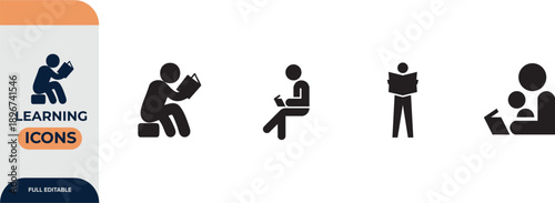 Reading or learning with a book icon for education apps and websites, Editable Icons set. Vector illustration in modern thin line style of school icons: school subjects, supplies, and online learning.