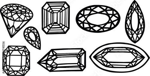 Black line art different gemstone shapes including round, pear, oval, emerald cut, and marquise crystal outlines collection
