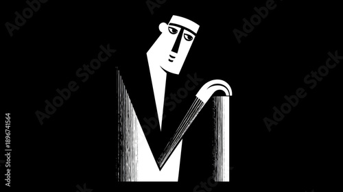 Minimalist black and white graphic illustration of a pensive man, conveying loneliness, sadness, contemplation, or introspection.