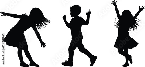Silhouettes of happy children dancing and moving freely in playful poses, black and white illustration representing joy, freedom, creativity, childhood expression, energy, 