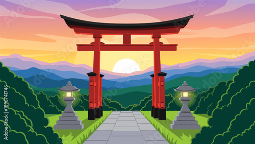 Vector illustration of a serene Japanese landscape with torii gate, pathway, lanterns at sunset