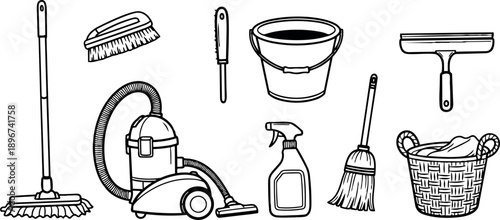 Black and white line art of assorted cleaning tools including mop vacuum bucket broom basket spray bottle and brush set