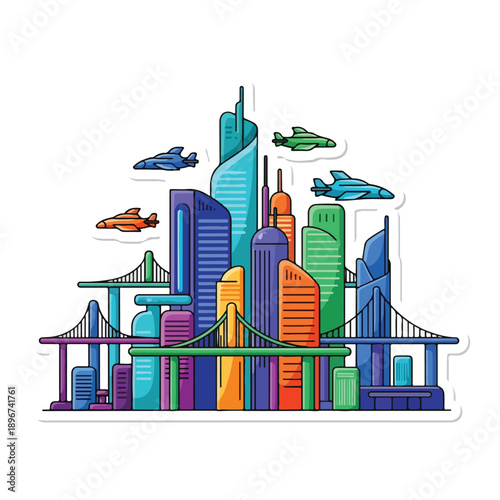 A futuristic cityscape with sleek skyscrapers and flying vehicles