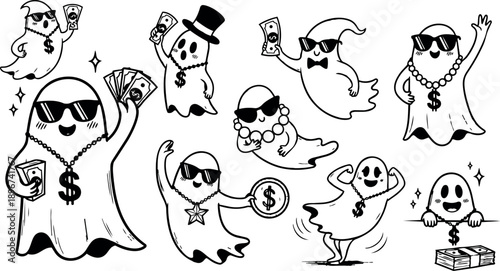 Black and white line art cartoon ghosts wearing sunglasses holding money stacks and coins various poses festive drawing
