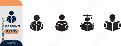 Reading or learning with a book icon for education apps and websites, Editable Icons set. Vector illustration in modern thin line style of school icons: school subjects, supplies, and online learning.
