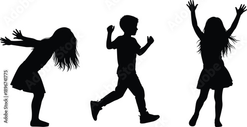 Silhouettes of joyful children dancing, jumping, and moving freely in expressive poses, black and white illustration representing happiness, freedom, creativity, childhood energy, 