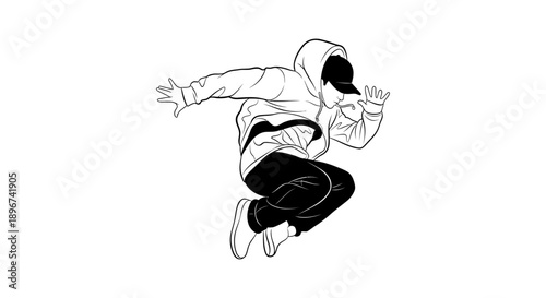 an energetic young male hip hop dancer in a hoodie and cap performing a dynamic jump move showcasing urban street style active lifestyle.