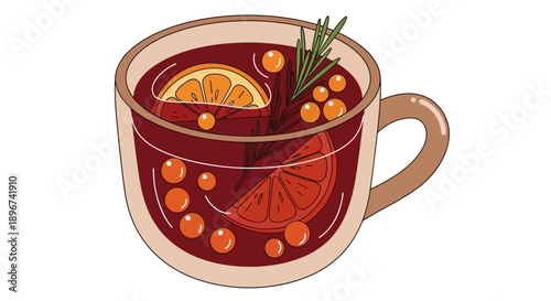 an illustrated mug of warm mulled wine with orange rosemary and berries perfect for cozy autumn winter holiday content
