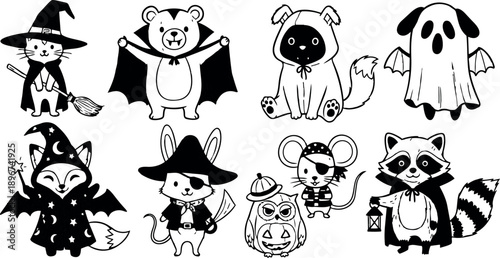 Cute black and white cartoon animals dressed in halloween costumes including witch cat, vampire bear, pirate bunny, ghost dog, magical fox, pirate mouse and raccoon with lantern