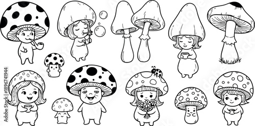 Black and white whimsical mushroom characters blowing bubbles holding flowers drinking tea charming cartoon style illustrations