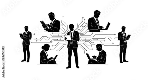 digital business network connecting professionals via circuit lines using tablets and laptops for remote collaboration data exchange.