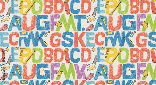 colorful alphabet seamless pattern crayon texture playful school supplies ideal for childrens education back to school and learning design.