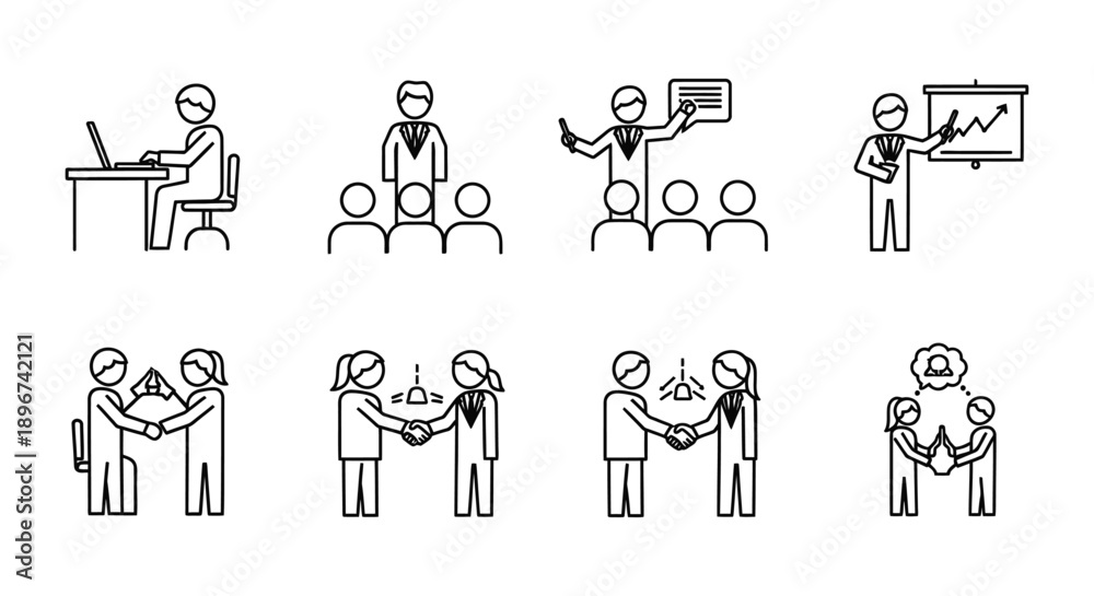 Fototapeta premium line art business icons showing professionals working presenting communicating and agreeing symbolizing corporate teamwork and workplace success.