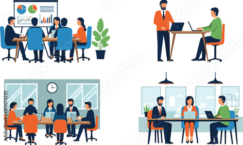 Business Meeting and Teamwork Vector Illustration Set Showing Office Collaboration, Presentations, Discussions, and Professional Workplace Scenarios for Corporate Design Projects