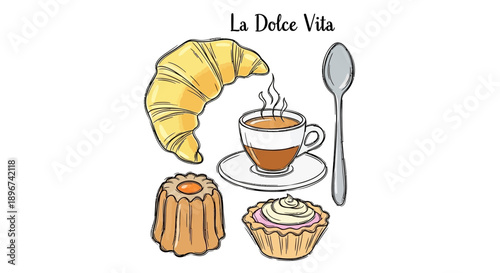 la dolce vita illustration golden croissant steaming espresso and sweet italian pastries perfect for cafes