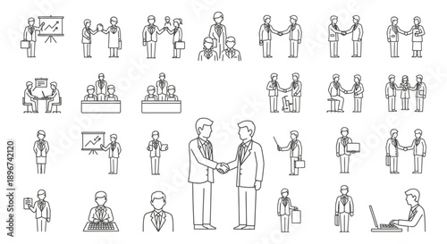 line art business icons for professionals in meetings and handshakes depicting teamwork partnership and success.