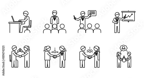 line art business icons showing professionals working presenting communicating and agreeing symbolizing corporate teamwork and workplace success.