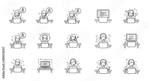 line icons of customer support and it professionals on laptops depicting online assistance remote work and digital services.