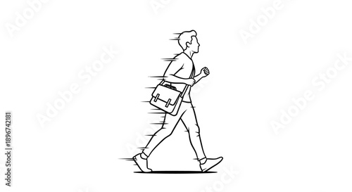 man walking fast carrying a messenger bag dynamic art with speed lines conveying urgency demanding schedule and the busy daily commute.