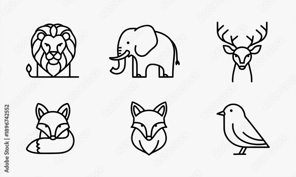 Fototapeta premium Minimalist Line Art Animal Icons Set - Lion, Elephant, Deer, Fox, and Bird.